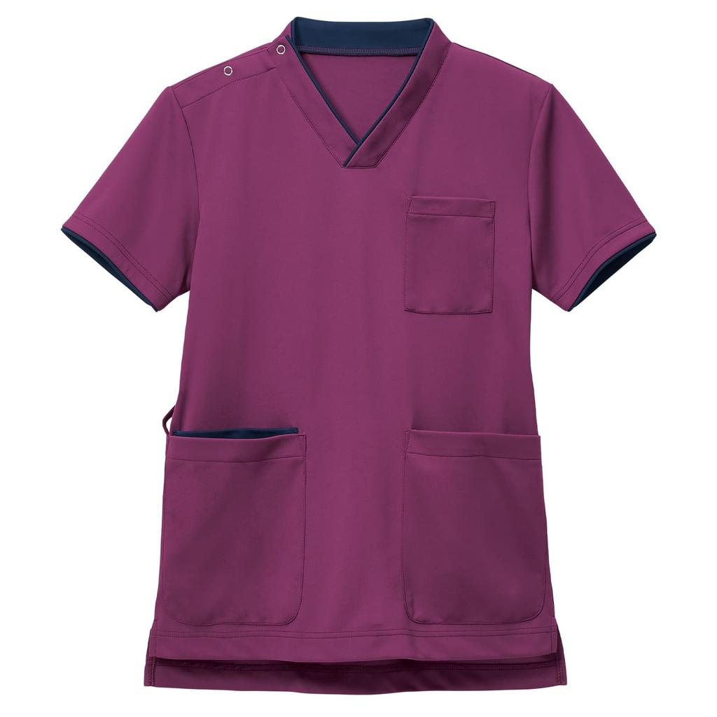Anfamie Medical Scrub, Shoulder Snap, Powder Stretch, Opaque, Moisture-Wicking, Quick-Drying, Odor-Resistant, Unisex, Size L, Plum x Navy