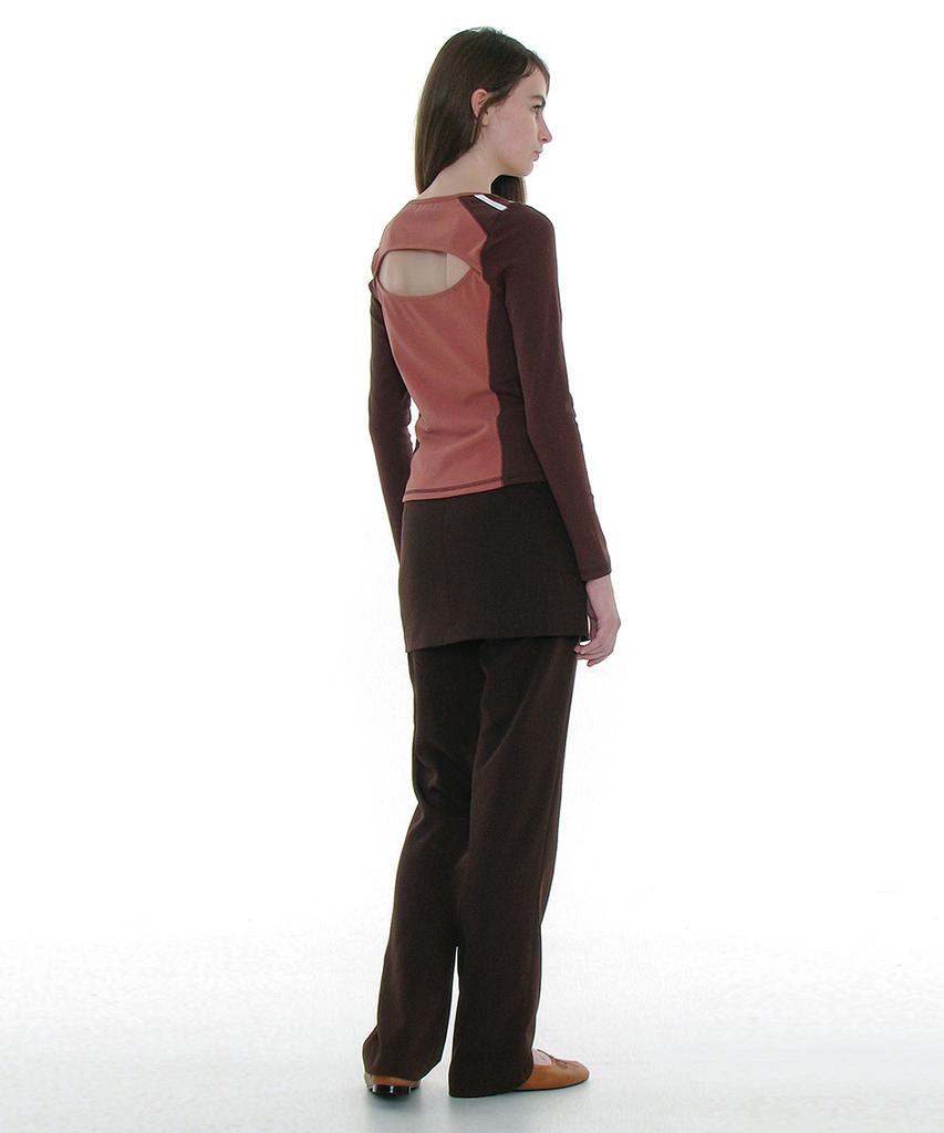 PARTIMENTO WOMEN Cut-Out V-Neck Colorblock Long Sleeve Tee_Brick