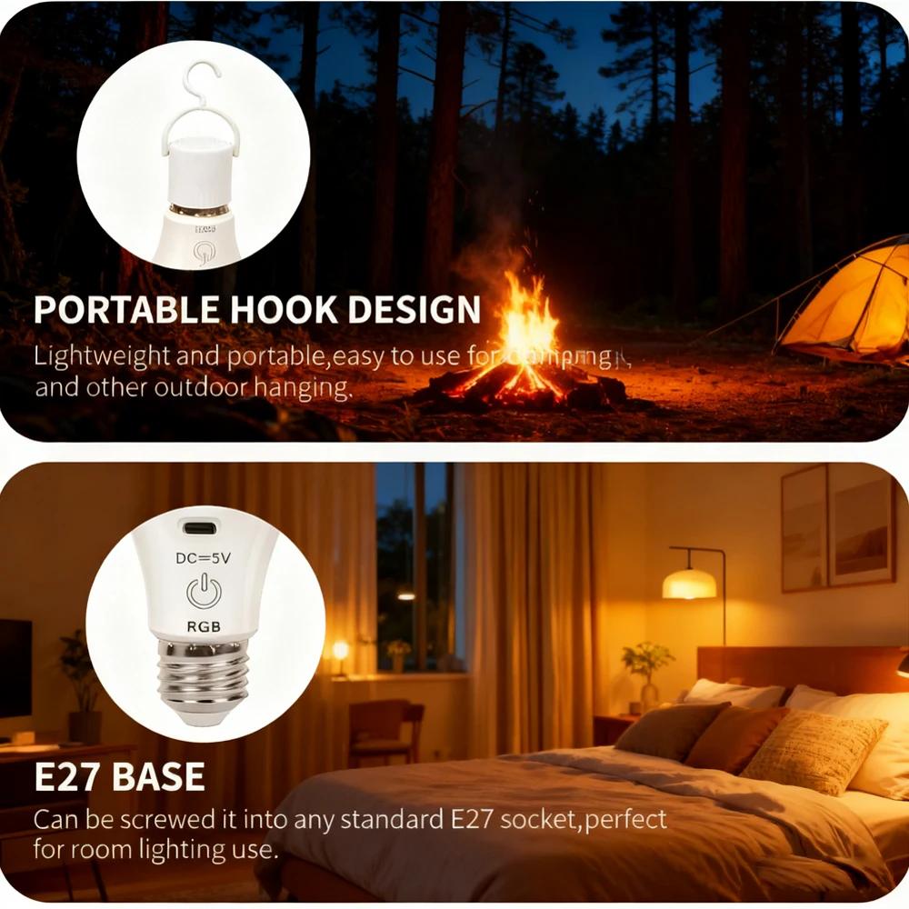 RGB/3 Color USB Led Bulb Rechargeable Light Bulb Smart Bulb Dimmable E27 Bulbs with Timing Cordless Battery Operated Light Bulb