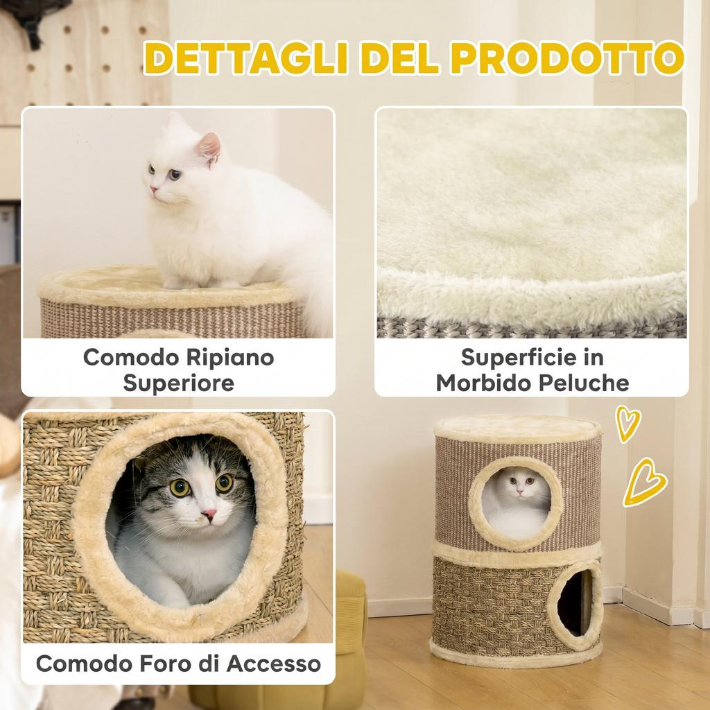 Cat House with Scratching Post and Two Nests. Sisal and Seaweed Rope. Plush Edge. Khaki