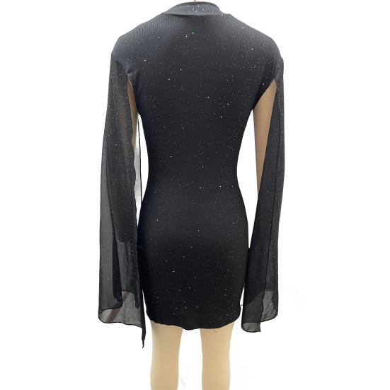 Yousheng Women's Cape Sleeve Dress Mock Neck Bodycon Mini Dress Sexy Shiny Chiffon Cloak Sleeve Cocktail Dress for Wedding Evening Party