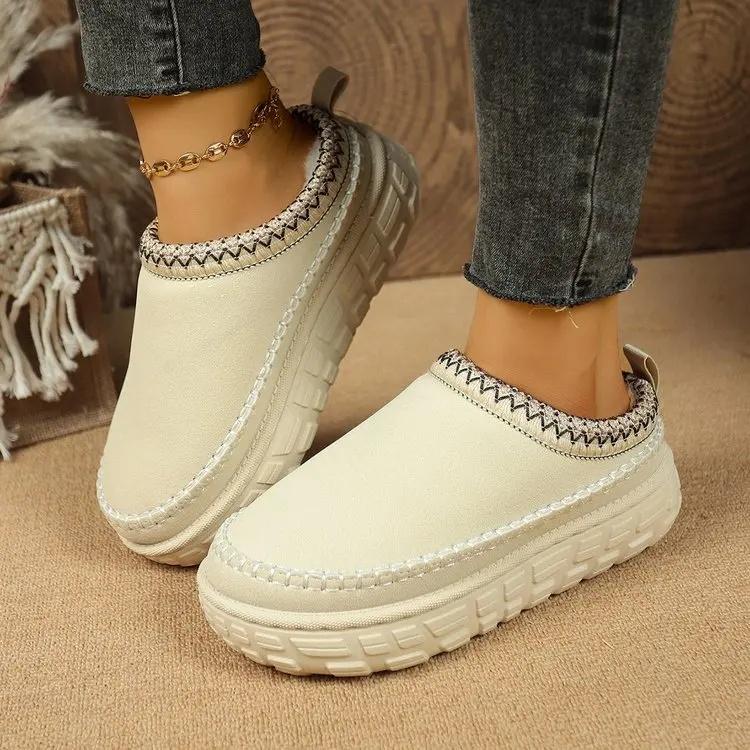 Women's Thick Bottom Snow Boots Fleece Lined Slip-On Slippers Autumn Winter New Style Cotton Plush Clog Slippers