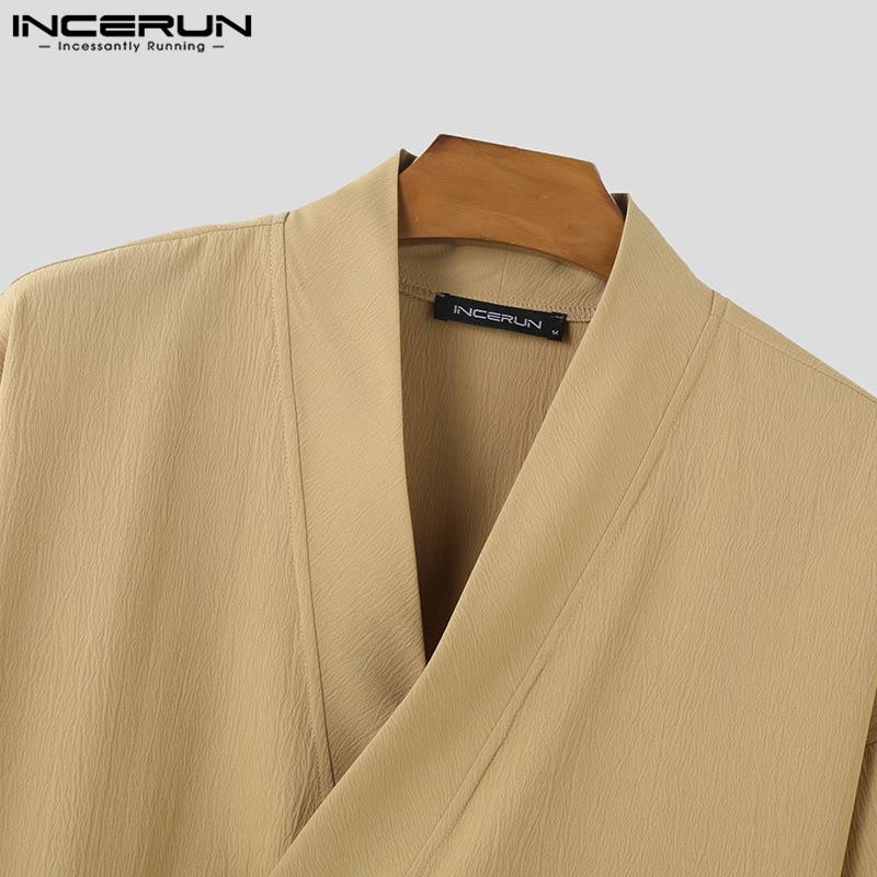 INCERUN Мужские топы с рукавами 3/4, свободные повседневные рубашки-кимоно со шнуровкой спереди