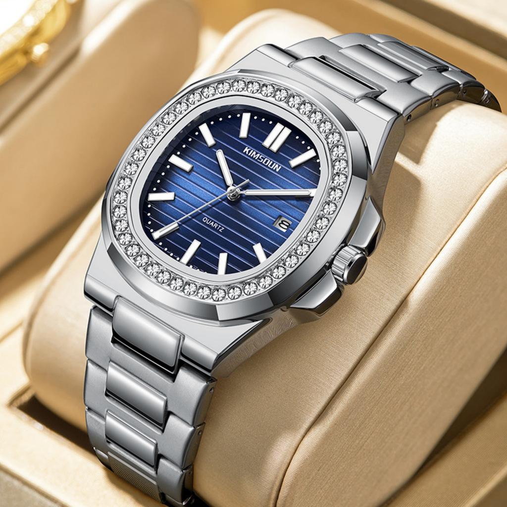 Men Quartz Wristwatch Bezel Blue Striped Dial Band Business Male Wrist Watch Calendar Display Fashion Daily Watch For Men