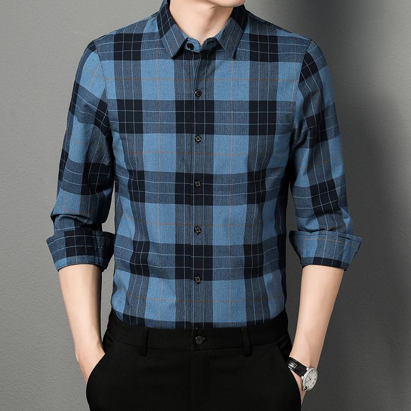 Весенняя новая рубашка в клетку, мужская рубашка с длинными рукавами, весенняя одежда для пап среднего возраста, тонкие лацканы, повседневная мужская одежда