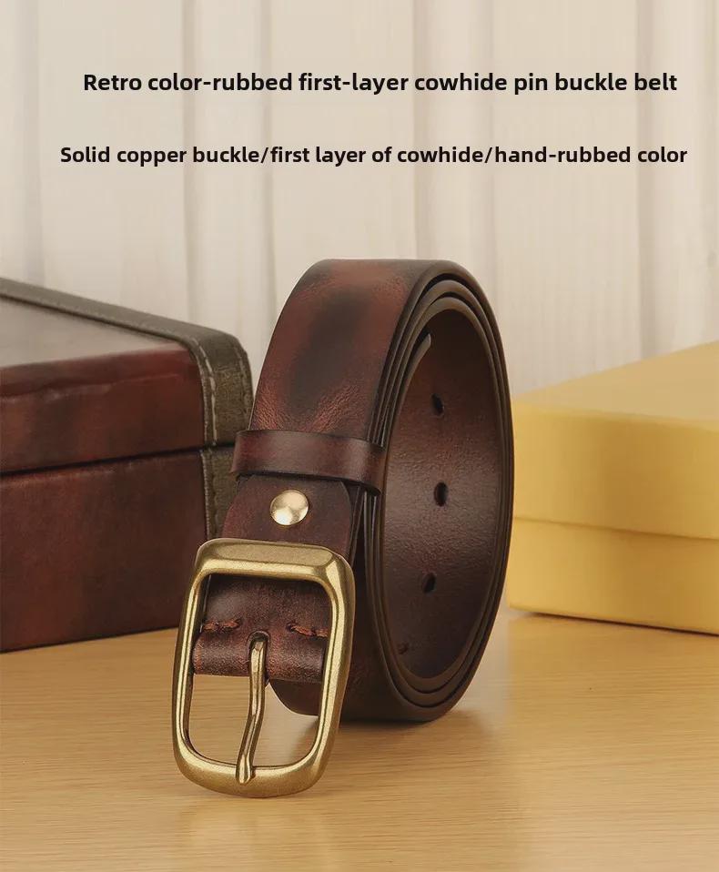 Men's Retro Copper Buckle Genuine Leather Belt - Simple Fashion Pin Style