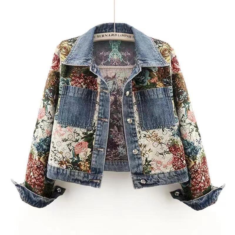 2024 New Versatile Printing Splicing Long-sleeved Lapel Denim Jacket Women's Trendy Brand Short Small Top Jacket