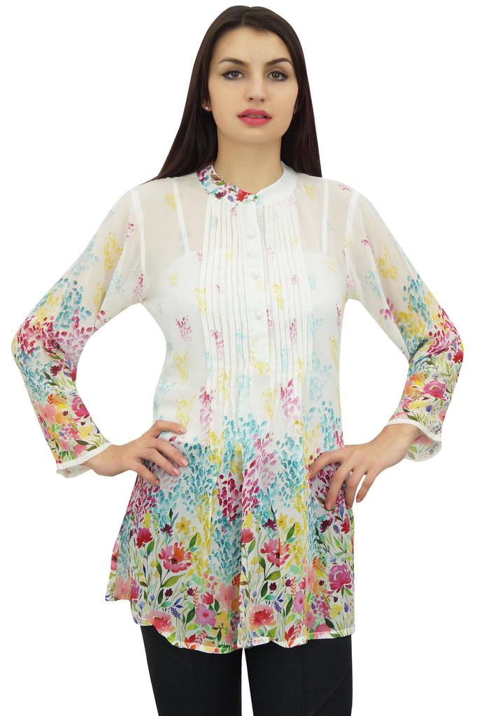 Phagun Women's White Digital Printed Shirt Pin Tucks Neck Tunic Top