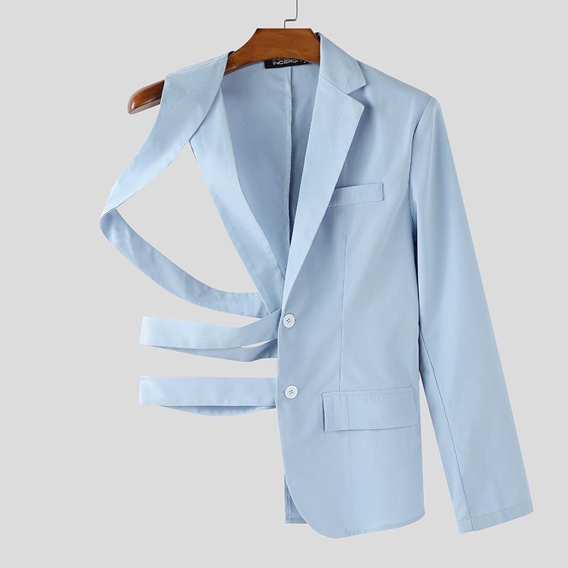 INCERUN Мужской блейзер на одно плечо с длинным рукавом, на пуговицах, с вырезами, на бандажной завязке, с неровным подолом