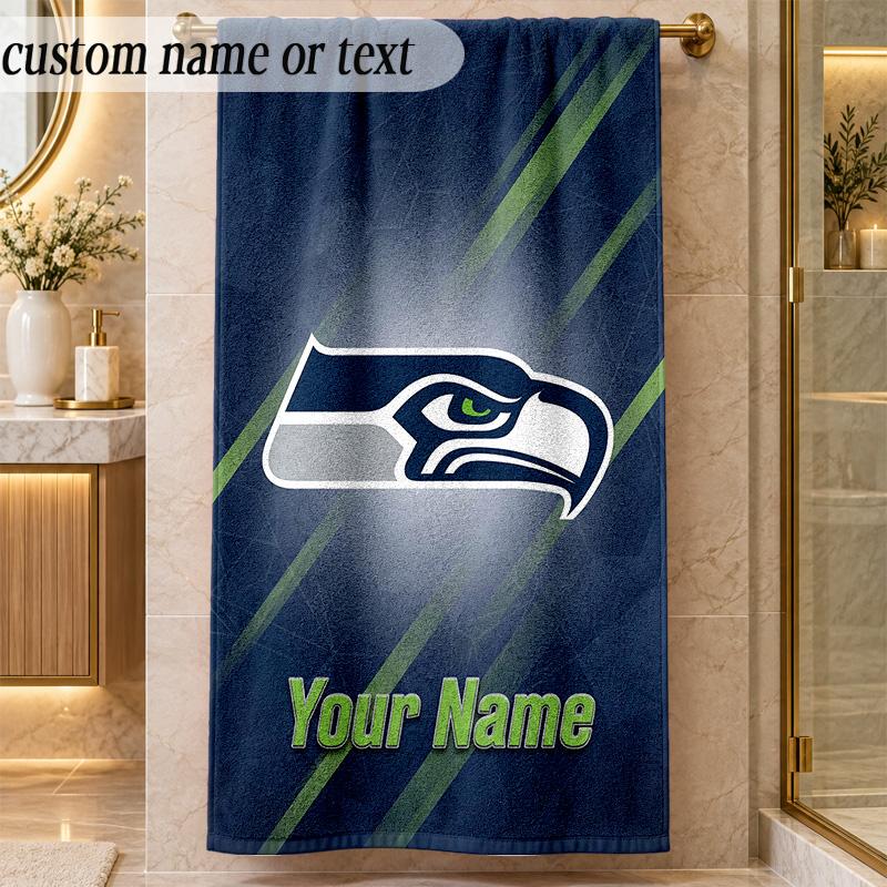 Beach TowelSeattle Seahawks Custom Name Text Personalized Soft Towel for Beach Pool Indoor Home Decor Gift