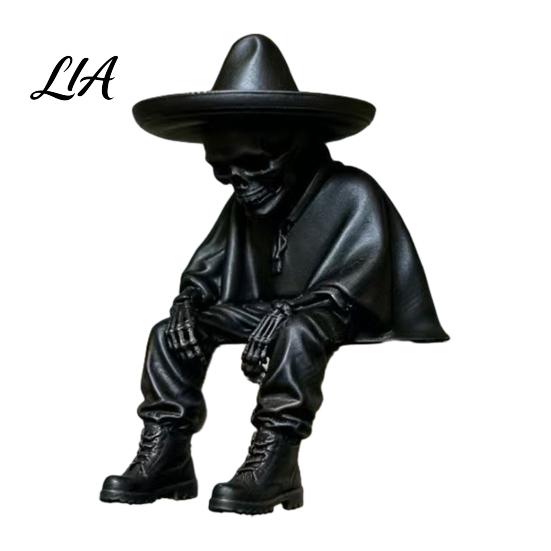 Spooky Aesthetic Office Ornaments 3D Printed Sitting Skeleton Shelf Sitter Figurine, Gothic Hat Desktop Cool Skull Art for Men Ornament, Trendy
