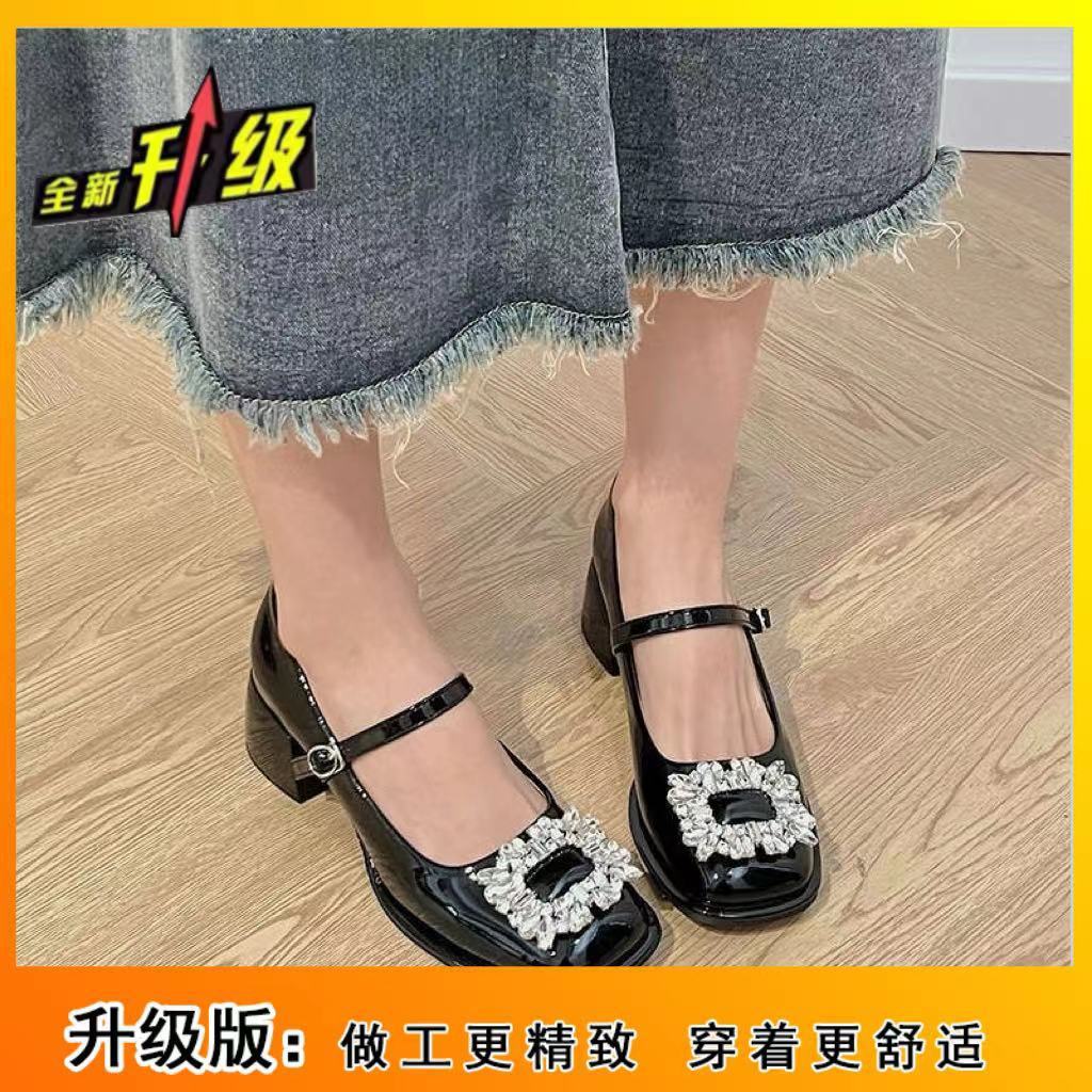 French Thick Heel Mary Jane Shoes Women's 2025 New Spring Retro Rhinestone Spring and Autumn Square Head Small Leather Shoes Single Shoes