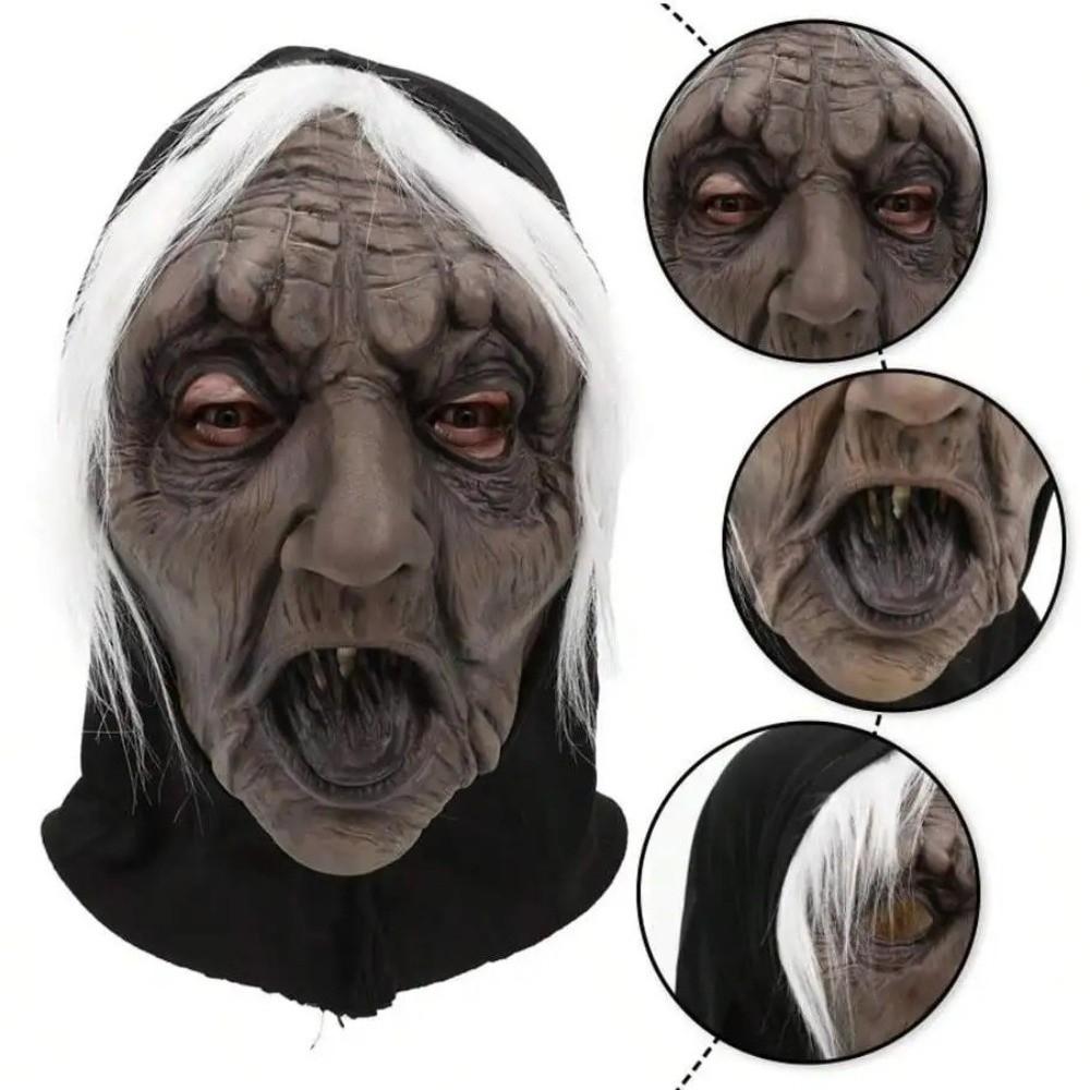 Creative Black Tongue Halloween Ghost Witch Mask Latex Dress Up White-haired Witch Mask 3D Realistic Party Cosplay Props Unisex