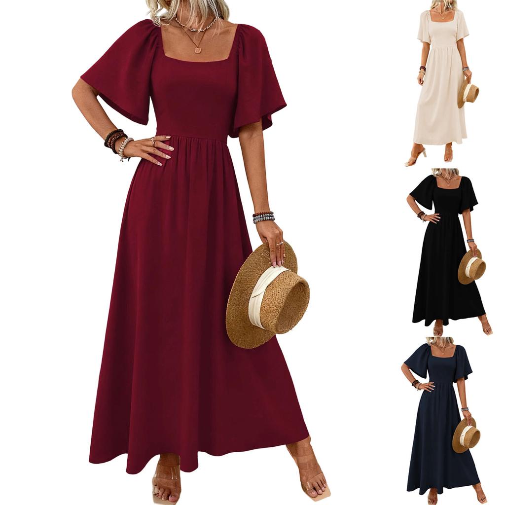 Women's Fashion Solid Color Square Neck Bohemian Five Sleeve Dress Concert Dress Beach Vacation