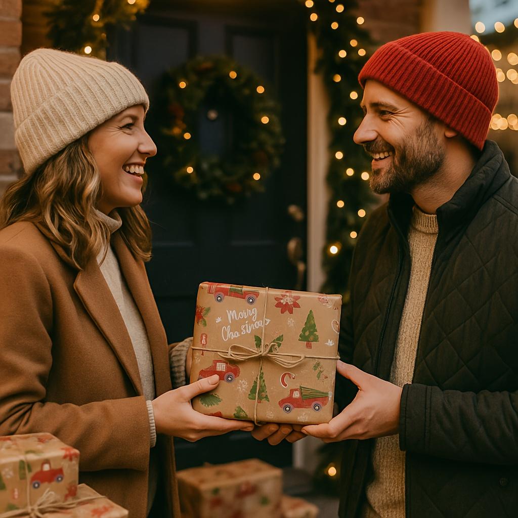 1 рулон рождественской оберточной бумаги - двухсторонняя крафт и светло-коричневая со снежинками, колокольчиками, леденцами, оберточная бумага для подарков