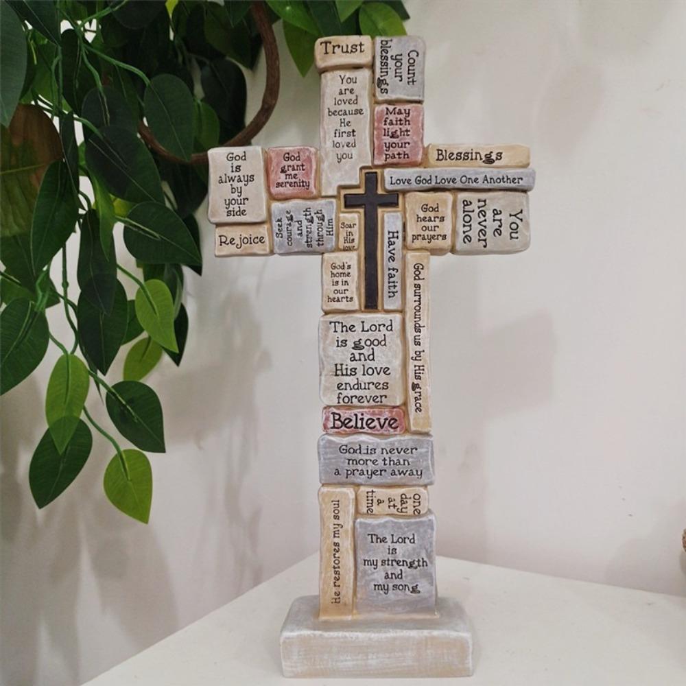 Elegant Christian Cross Statue Handmade Funny Cross Prayer Sculpture Resin Craft Cross Desktop Ornament Tombstone Memorial