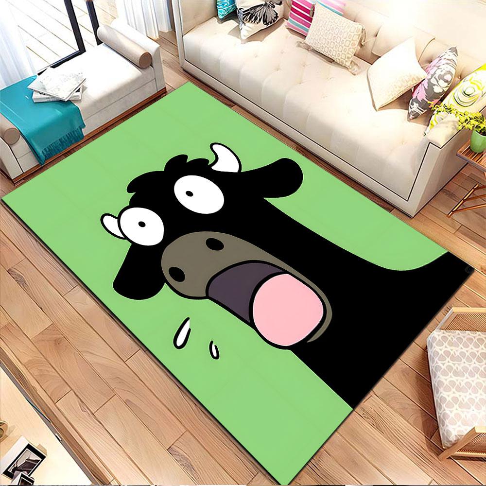 Surprised Cartoon Cow on Green Background Patterned carpet, non slip mat suitable for living room and bedroom sofas