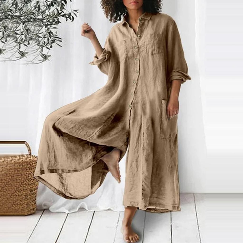 Женский модный свободный повседневный однотонный комбинезон с рукавами 3/4 и v-образным вырезом на пуговицах