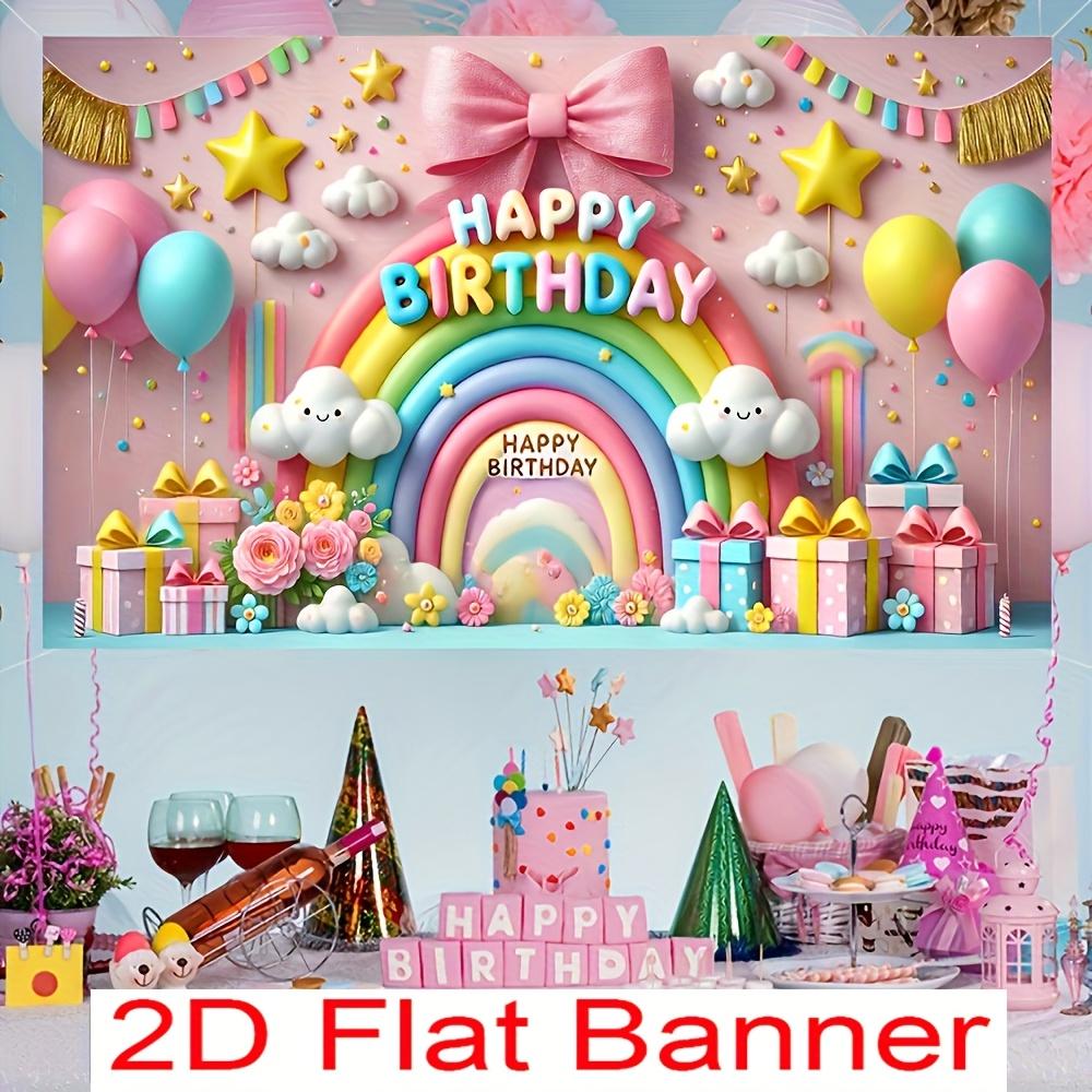 2D banner a banner for a princess' birthday party made of polyester featuring pink bows and white cloud decorations.PMJ