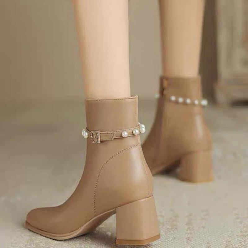 Fashion Boots for Ladies Non-Slip Outdoors Solid Color 2024 New Autumn Winter Women's Ankle Boots Leather Pearl Decoration Boots