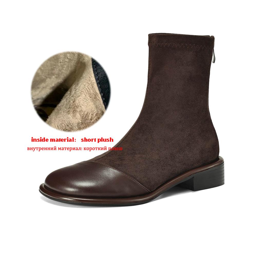 Krazing Pot Флок Осенне-зимняя обувь Низкий каблук Размер 43 Стрейч-сапоги Задняя вставка Прямой стиль Эластичные ботильоны