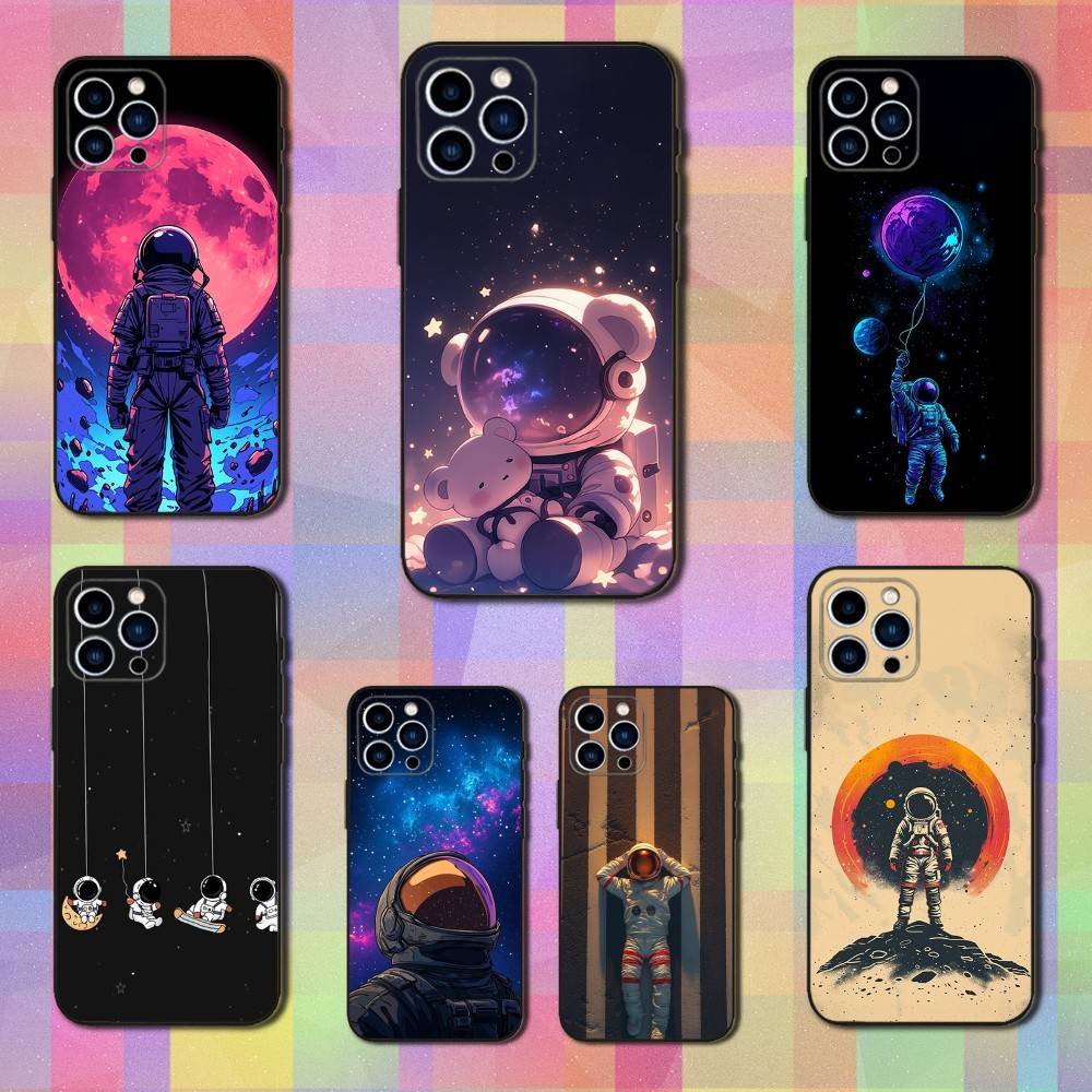 Cute Cartoon Astronaut For iPhone 13,16,11,14,17,12,15,Plus,Pro Max,XS,X,XR,SE,Mini,8,7,Phone Case Soft Silicone Black