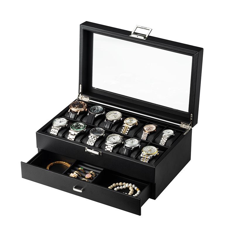 Двухслойная коробка для демонстрации часов и ювелирных изделий из углеродного волокна и ПУ