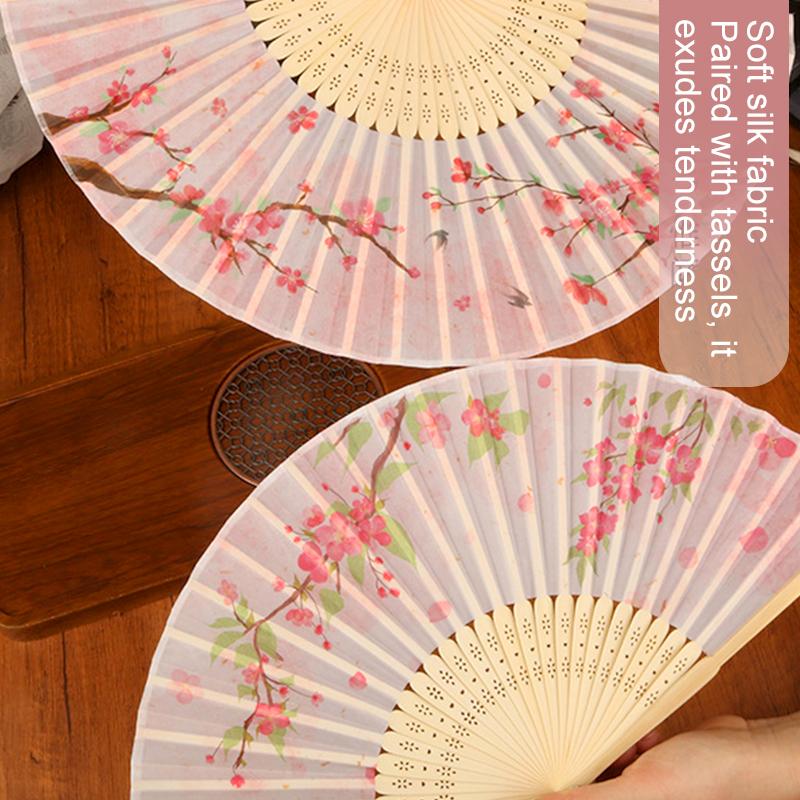 1Pc Silk Folding Fan Party Gift With Tassels Chinese Art Crafts Bamboo Fans Vintage Home Decorations Dance Photo Props Hand Fan