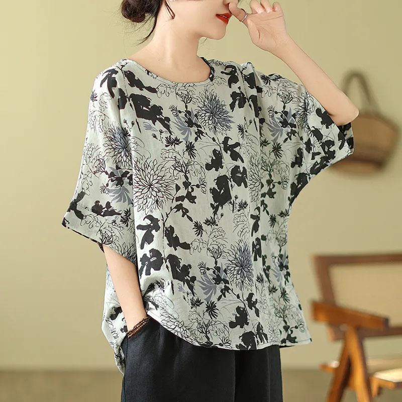 Футболка Топы Женская Хлопковая Летняя Футболка Большого Размера Круглый Вырез Свободный Печатный Повседневный Пуловер Футболка Топ