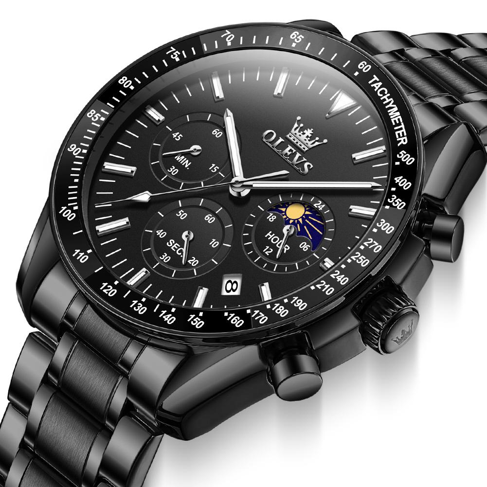 Мужские кварцевые часы с тремя глазами и фазами Луны, водонепроницаемые, светящиеся, с календарем, подходят для повседневного бизнеса