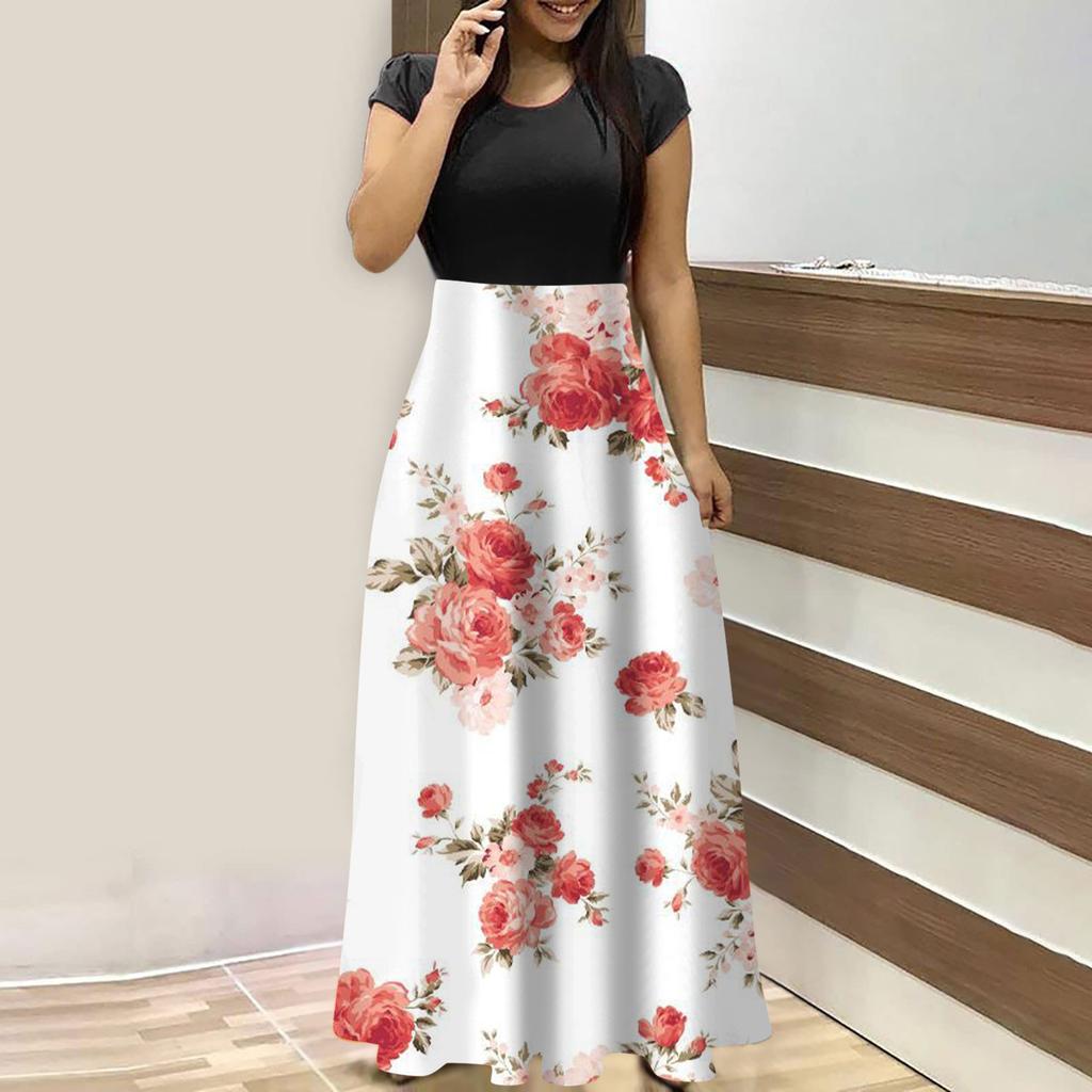 Women's Fashion Casual Loose Printed Round Neck Short Sleeve Long Dresses