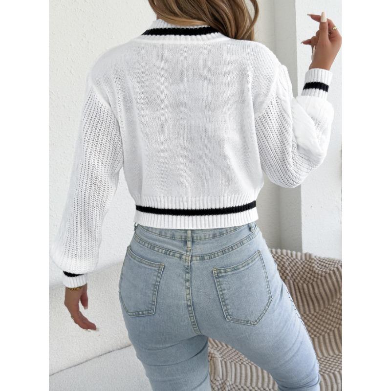 Women S Casual Color Block Half High Neck Waist Tightened Lantern Sleeve Sweater