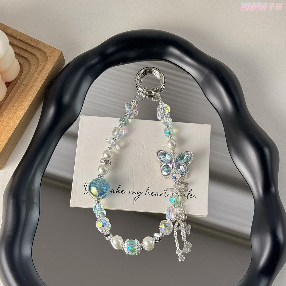 Elegant Pearl Alloy Butterfly Phone Lanyard Luxury Crystal Keychain Bag Charm Fashion Multi-Functional Key Holder Accessory