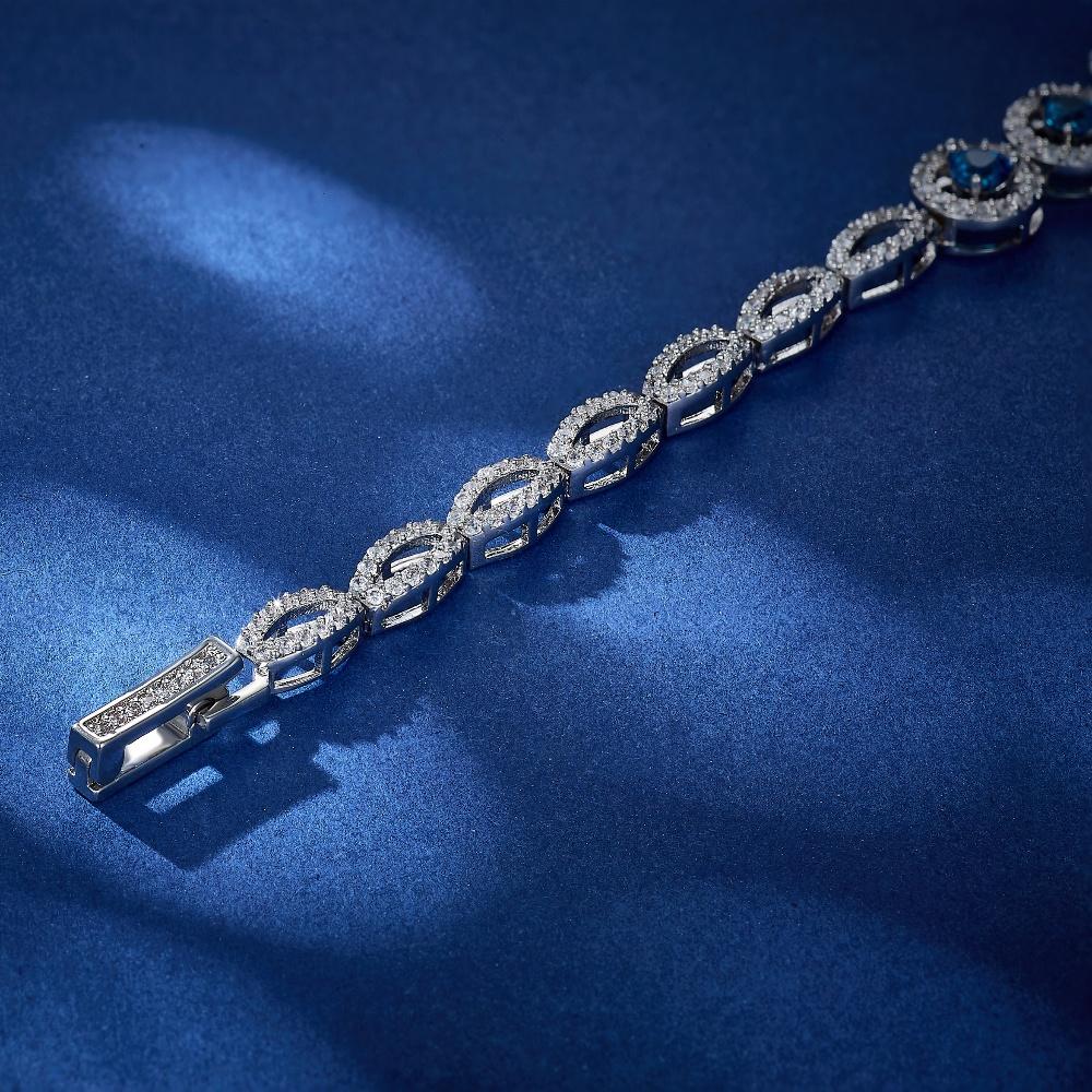 Hollow Blue Heart Zircon White Round Cubic Zirconia Rhodium Plated Women Hand Bracelets