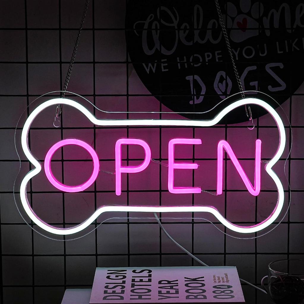 Alkkign Pet Shop Open Neon Logo White Pink Alphabet Neon Logo Wall Decor Dog Bone Neon Logo Art Pet Shop Brightness Adjustable Pet Shop Hotel Wall