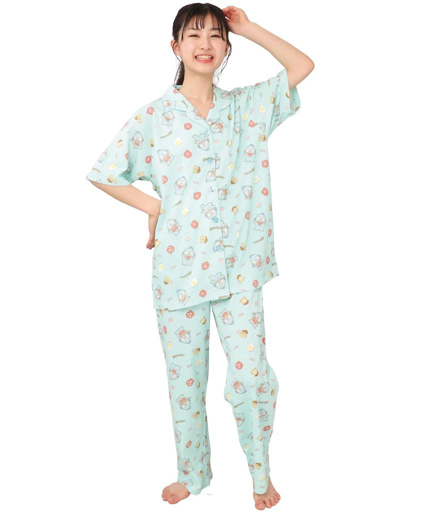 SAZAC Hangyodon Women's Cotton Jersey Pajama Set with Short Sleeves and Pants (Mint/L/SAN1807)
