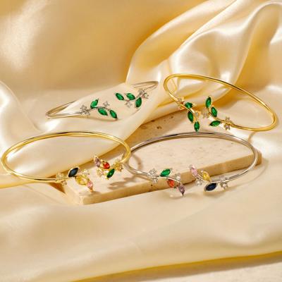 ZAKOL Простой браслет-манжета с листьями и цирконом, золотистого цвета, из нержавеющей стали, браслет-манжета, Pulseira Feminin, маленький циркон в виде руки