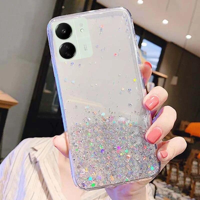 Phone Case for Xiaomi Redmi 13C 4G 13 C Gold Foil Shiny Bling Glitter Star Soft Case for POCO C65 C 65 Gradient Transparent Silicone TPU Back Cover