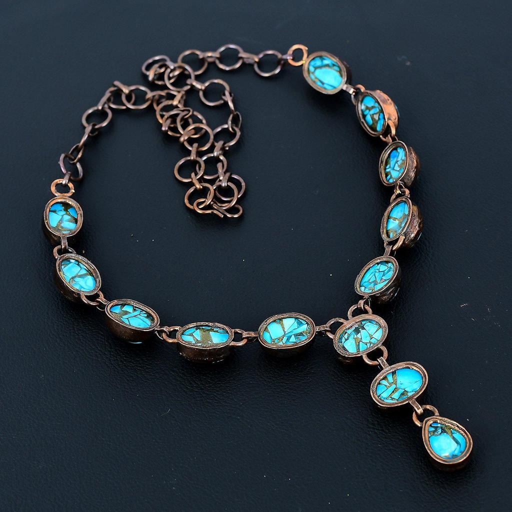 Blue Copper Turquoise Handmade Gemstone Necklace, Copper Electroformed Necklace Antique Jewelry, For Engagement Gift