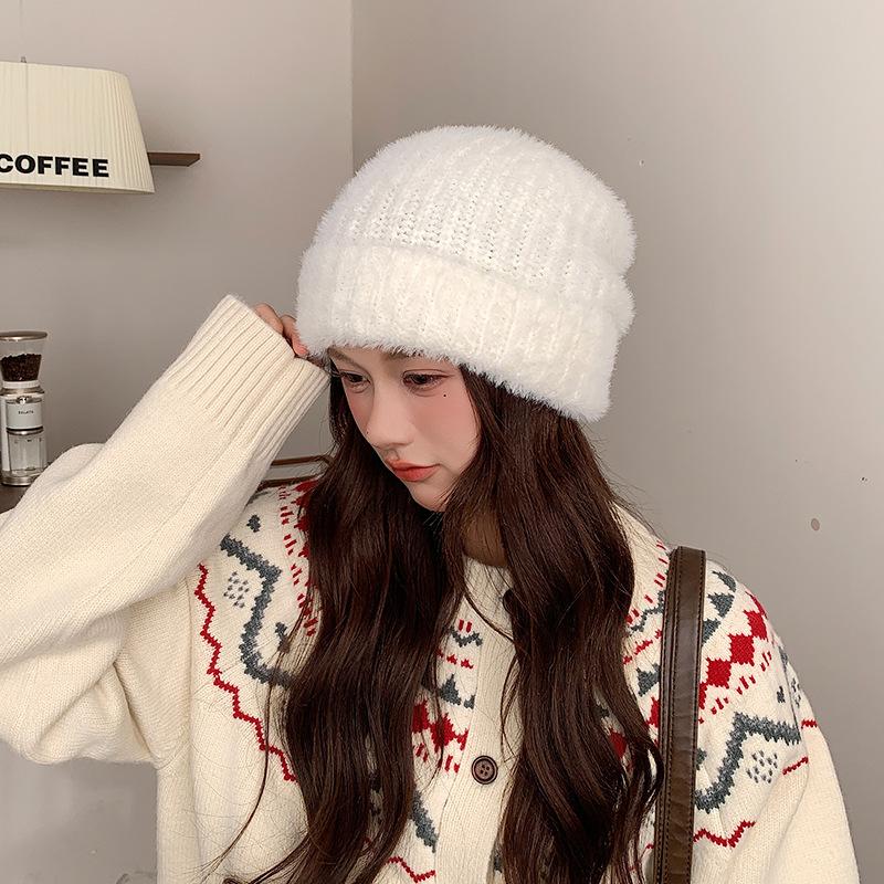 Вязаная шапка женская осенне-зимняя, открывающая лицо, маленькая, теплая, пуловер, плюшевая, утолщенная, универсальная, с защитой ушей, шерстяная шапка