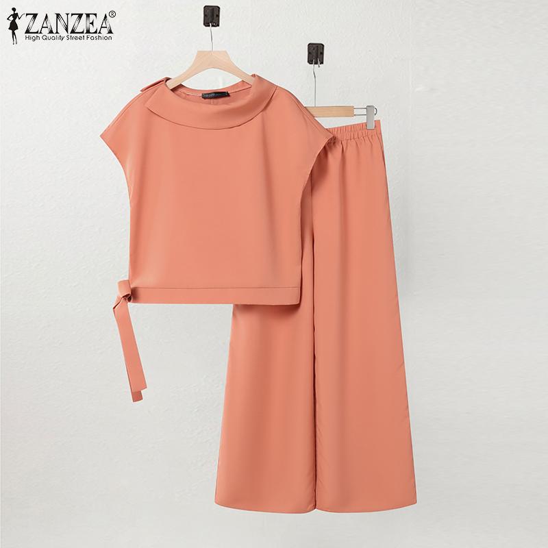 ZANZEA Женский летний комплект из двух частей: блузка с коротким рукавом и брюки
