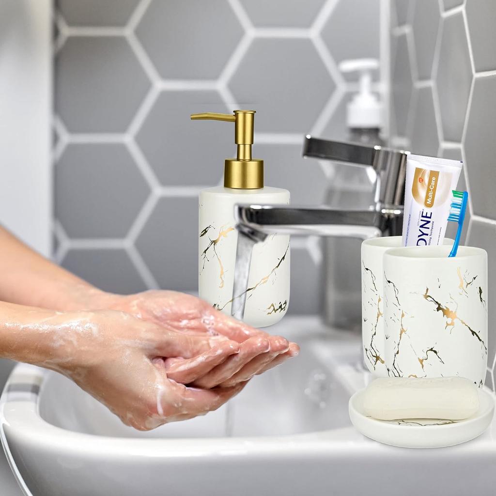 Набор аксессуаров для ванной комнаты, набор керамических аксессуаров для ванны из 4 предметов включает в себя 2 держателя/стакан для зубных щеток, жидкое мыло или лосьон на 300 мл.