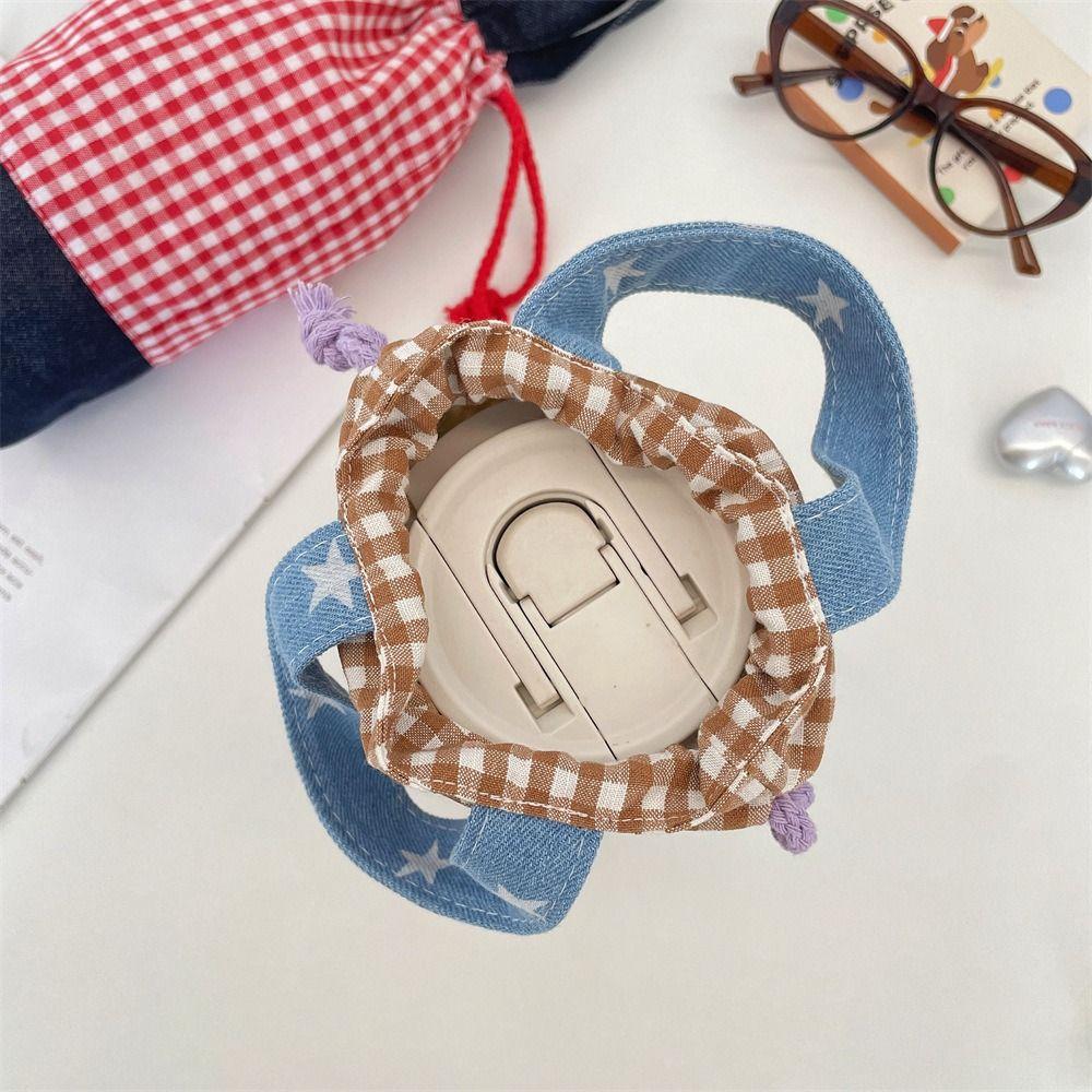 Outdoor Drawstring Canvas Cup Bag Grid Small Storage Bag Fashionable Water Bottle Cover  Outdoor