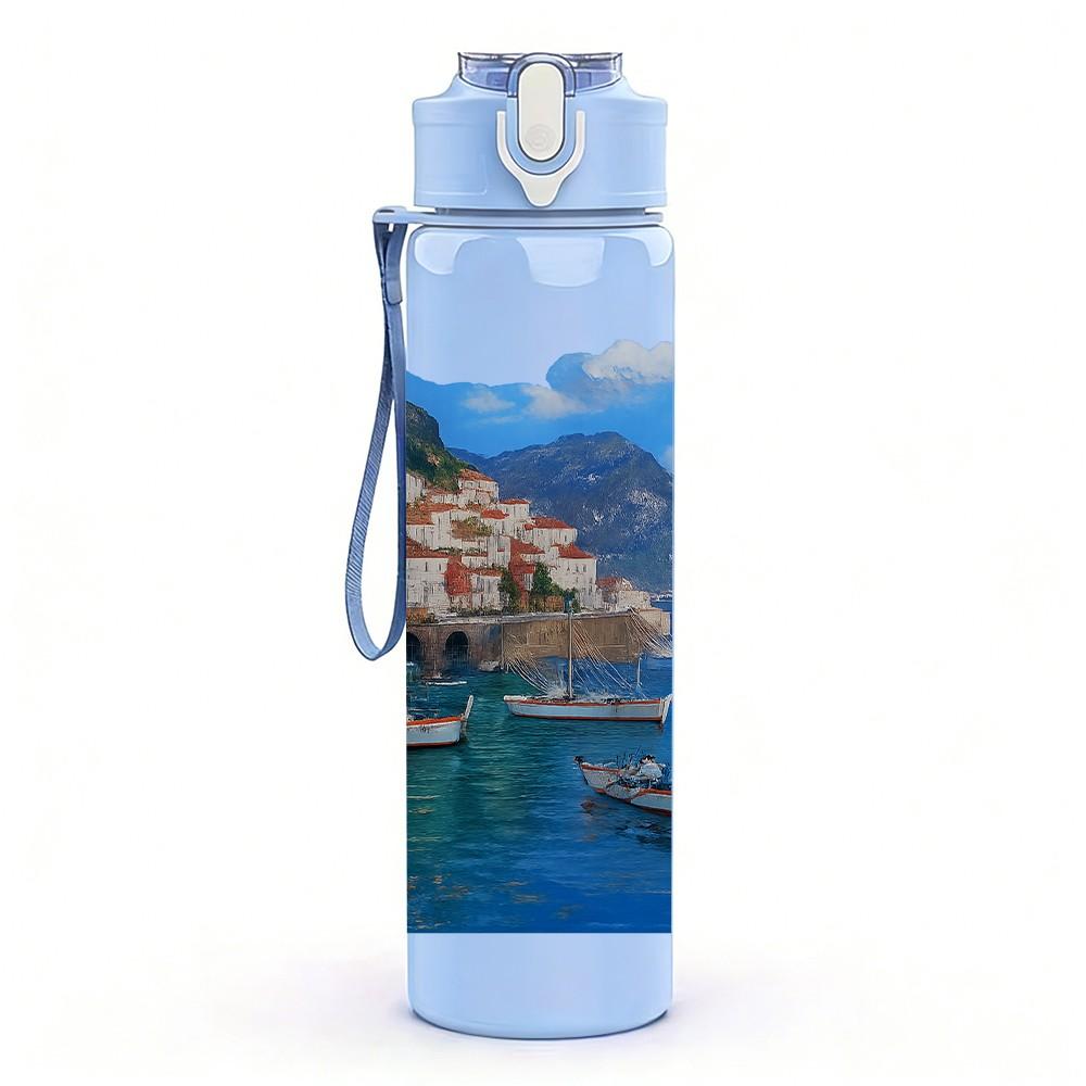 1PC Coast Sea Mountain View 750ml Color Plastic Sports Water Bottle Leakproof Flip Straw Lid Suitable for Sports Office Home Use