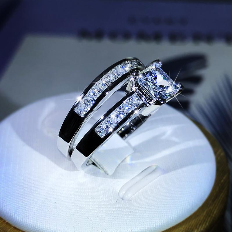 Кольцо из стерлингового серебра с двойным рядом цирконов микро-паве, свадебный набор с бриллиантами, кольцо с цирконом для пары