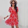 Sexy V Neck Floral For Women Short Sleeve High Waist Casual Print Dresses Ladies Summer Chiffon Dress