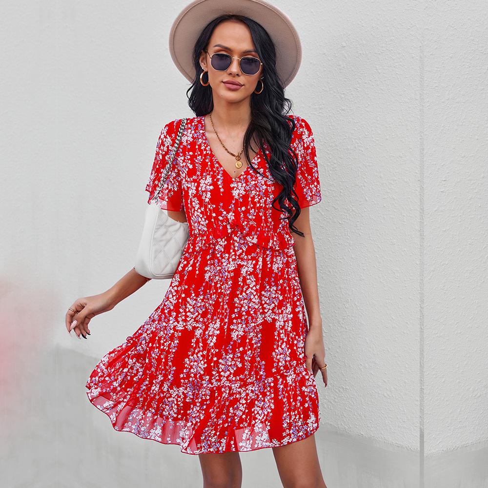 Sexy V Neck Floral For Women Short Sleeve High Waist Casual Print Dresses Ladies Summer Chiffon Dress
