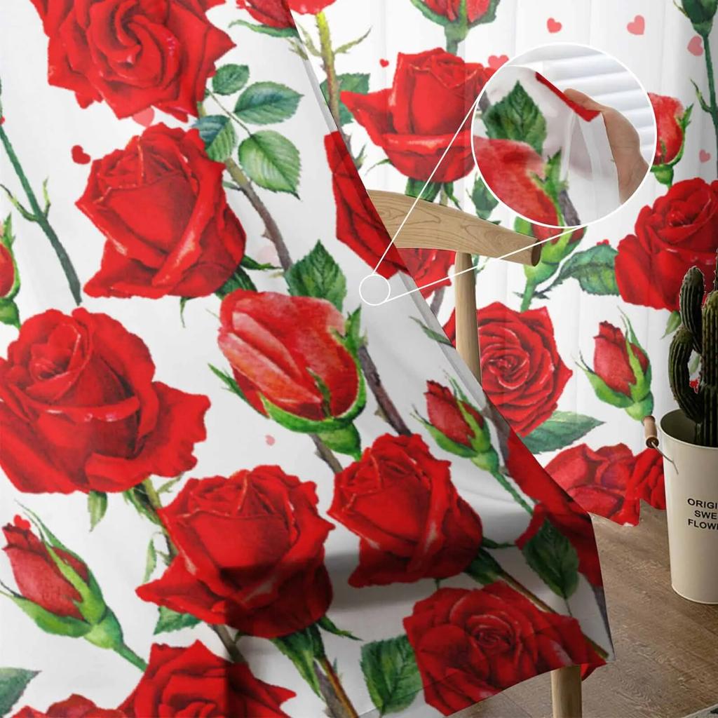 Прозрачные шторы с сердечками и красными розами на день Святого Валентина для гостиной, кухни, оконные шторы, тюлевые занавески для спальни, вуали