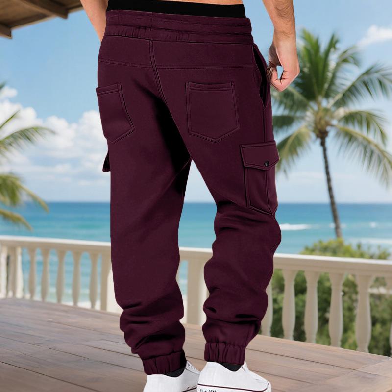 Men's Fleece-Lined Drawstring Loose-Fit Multi-Pocket Cargo Pants.