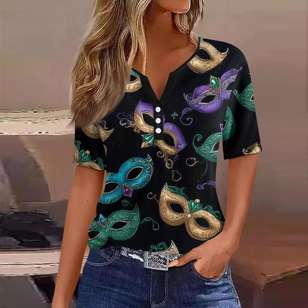 Жен. Футболка Футболка С принтом Пуговицы С короткими рукавами Повседневные Выходные Мода Классический V-образный вырез Обычный Верх